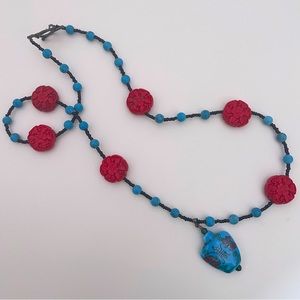 Vintage Chinese Asian Beaded Pottery Faux Cinnabar Spring Floral Boho Necklace